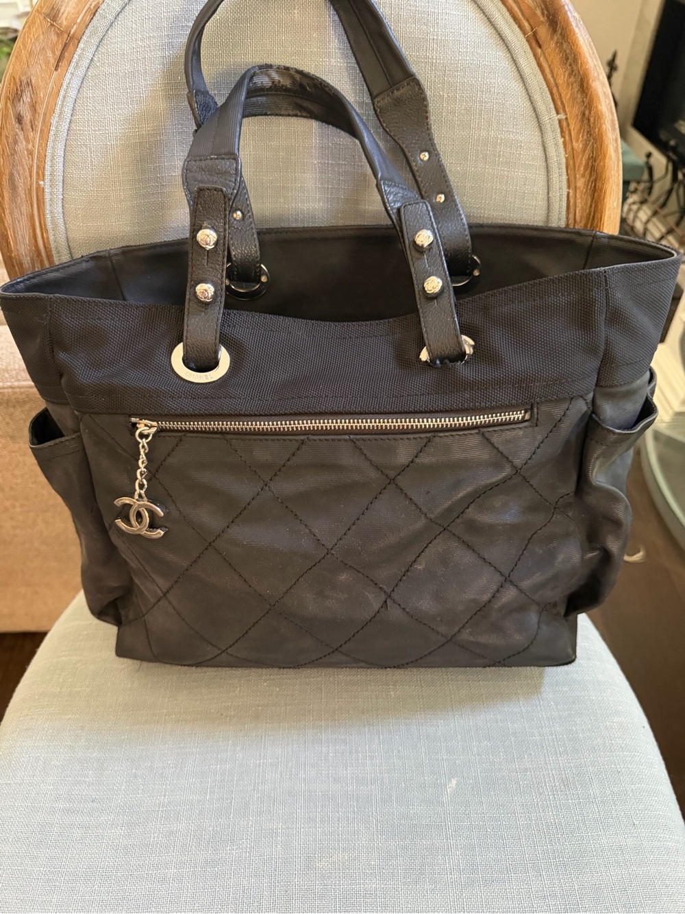 CHANEL Black Quilted Canvas and Leather Tote with CC Charm